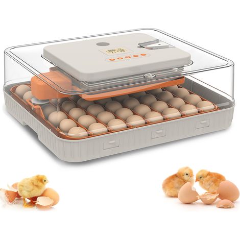 Incubadora con vitrina de ABS, capacidad para 52 huevos, temperatura programable, indicador de humedad (LCD), función de ovoscopia, función de volteo y trituración automática (para 56 huevos).