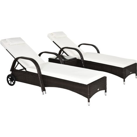 Outsunny 3 Pieces PE Rattan Patio Lounge Chair Set, Outdoor Recliner Lounge Chairs with Wheels, for Outside with Cushions, Headrest, Coffee Table for Garden, Poolside, Brown