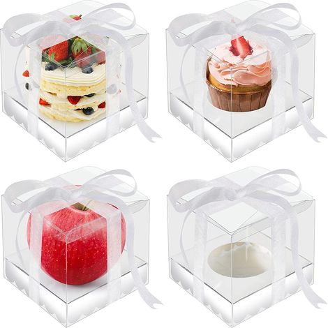 20 cajas transparentes para pasteles, 9 x 9 x 11,5 cm, base plateada y cinta para envasar cupcakes, macarons, dulces y galletas. Regalo ideal para baby showers y bodas.