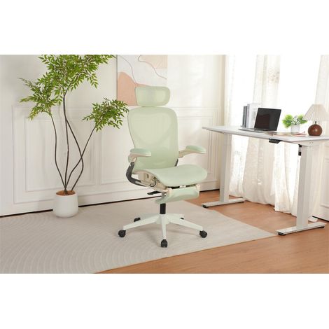 Chaise de Bureau Ergonomique Pliable - 62x48.5x129cm - Fauteuil Maille Gain de Place Assise Coulissante avec Repose-Pieds - Vert (1/5)