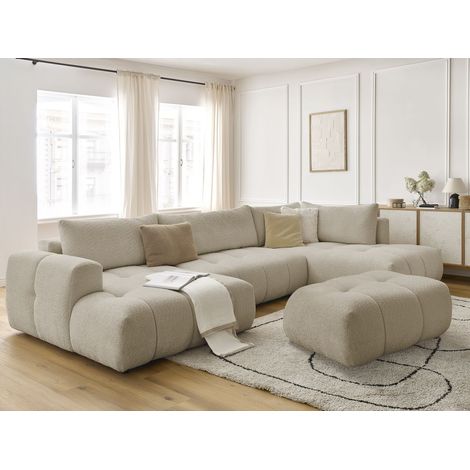 Bobochic – Canapé panoramique convertible 5 places – Tissu bouclette beige – Longueur 377cm – Coffre de rangement – Dossier rabattable (1/5)