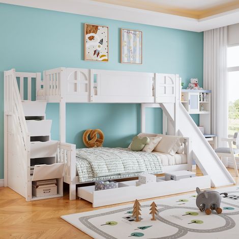 Lit cabane superposé 90 x 200 cm blanc bois avec toboggan, escalier 4 tiroirs et rangements pratiques, sans matelas (1/5)