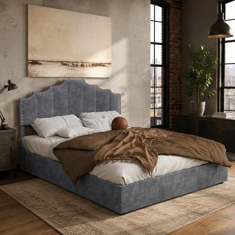 Letto contenitore 140x200 cm con rete a doghe e testiera imbottita in velluto grigio DESVIAE (1/5)