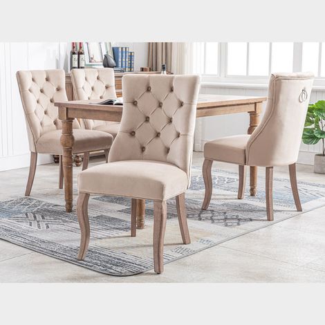 Lot de 4 chaises de salle à manger en velours - matelassage de boutons - Beige (1/5)