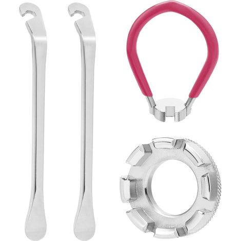 Kit de herramientas para radios de bicicleta (3 piezas): herramienta de acero forjado para centrar llantas, palanca para neumáticos y llave para radios. (1/5)