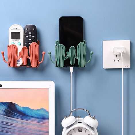Porte-téléphone mural sans perche, cactus, support de télécommande TV climatisation, rangement mural (lot de 4, bleu foncé, vert foncé, jaune vif, rouge vin) (1/5)
