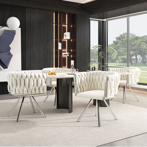 Lote de 4 sillas de comedor terciopelo beige, silla de salón, silla giratoria con patas de metal plateado (1/5)