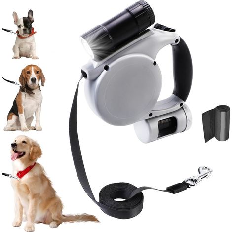 Laisse enroulable avec lampe de poche intégrée, laisse pour chien légère avec sangle en nylon de 5 m d'épaisseur, frein à une main, possibilité de pause et de verrouillage, pour chien/chat de petite à (1/5)