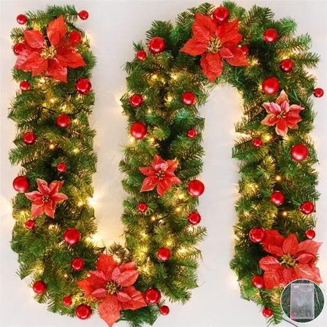270cm Guirlande de Noël, Rotin de Noël avec lumières LED, Guirlande Sapin Artificiel, Couronne de noël pour cheminée, escalier (1/4)