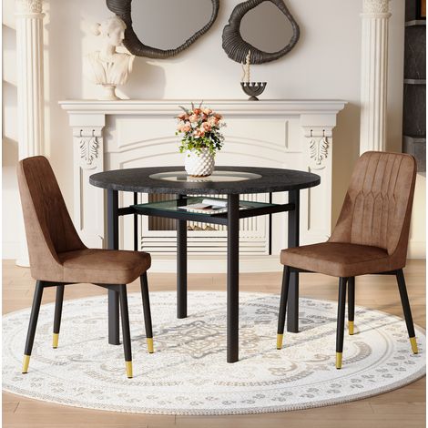 Set tavolo rotondo moderno 100 cm con 2 sedie in tessuto marrone e metallo nero (1/5)