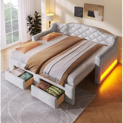 Bettsofa gepolstert Grau 90x200 cm ausziehbar auf 180x200 cm mit 2 Schubladen, LED-Beleuchtung und Kopfteil