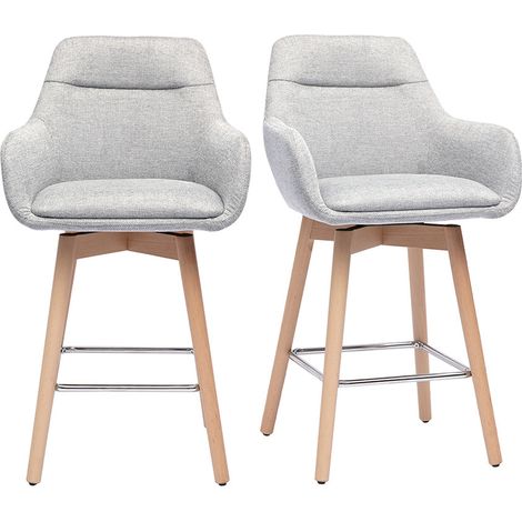 Skandinavische Barhocker mit 360° drehbarem Sitz in hellgrauem Samt-Effekt Stoff und hellem Holz H65 cm (2er-Set) ALESS