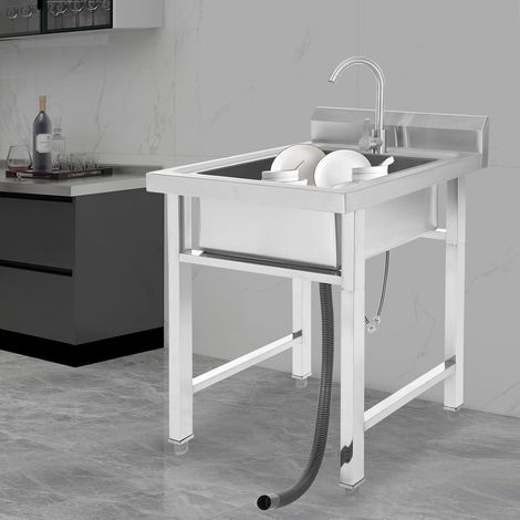 Évier de cuisine en acier inoxydable - 1 bac - Multifonction - Avec robinet chaud et froid - Lavabo autoportant pour garage, atelier, buanderie, camping - 93 x 60 x 60 cm
