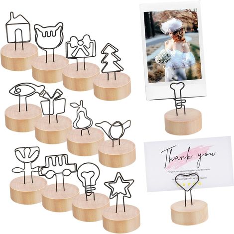 Juego de 13 piezas de portafotos de madera con clips, tarjeteros y portanotas para mesas, fiestas y para organizar fotos y notas. (1/4)