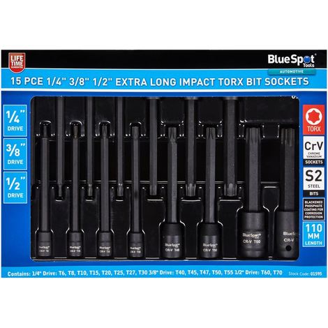 BlueSpot Impact Torx Bit Sockets 8pc Extra Long 1/4"" 3/8"" 1/2"" T6 -T70 01595 (1/2)