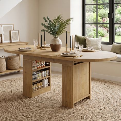 Table de salle à manger extensible (150/200 × 90 cm), pour 6 à 8 personnes dotée d'un rangement intégré et d'un plateau épais style nordique avec finition chêne. (1/5)
