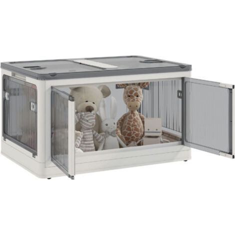 Boîte de rangement pliable et empilable 69L en plastique avec couvercle et 4 roulettes. accès à 5 côtés. blanc