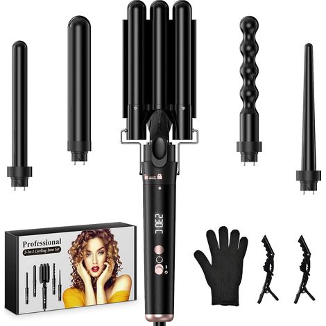 Fer à Boucler 5 en 1, Boucleur Cheveux avec 5 Embouts Interchangeables, Fer à Friser en Céramique avec Température Réglable, Chauffe Rapide, Boucleur 3 Barils pour Boucles Serrées (1/5)