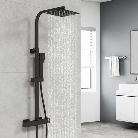 Ocean Sanitaire – Colonne de douche thermostatique 38°C en laiton – Mitigeur réglable en hauteur – Tête de douche 20 cm effet pluie – Noir carré (1/5)