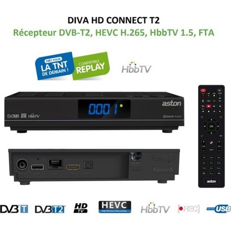 Récepteur Décodeur DVB-T2, HEVC H.265, HbbTV 1.5, FTA TNT ASTON DIVA HD CONNECT T2 – Enregistrement & Médiaplayer via USB (1/4)