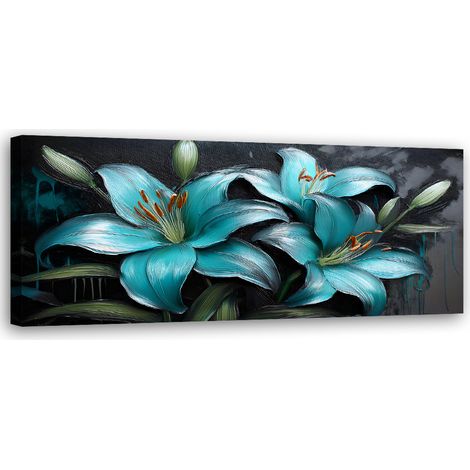 Tableau déco Fleurs de Lys Plantes Turquoise 90x30 (1/5)