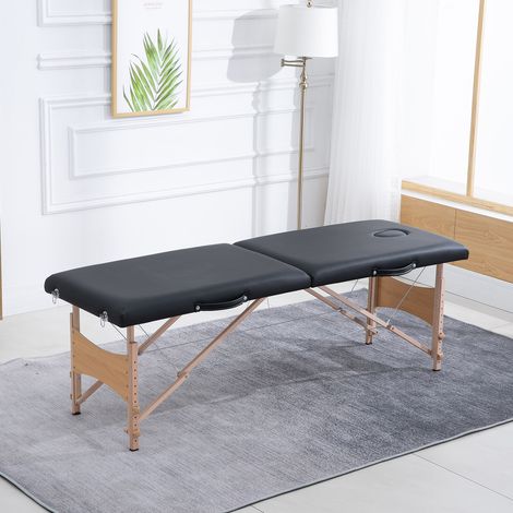 Table de massage pliante, lit de massage 2 zones 186 x 60 cm portable, hauteur réglable, oreiller facial amovible, table esthétique tatouage en bois de hêtre, sac de transport inclus, noir