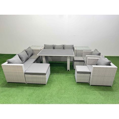 Fimous 11 Seater Wicker PE Rattan Furniture Outdoor Dining Table 3 Seater Sofa Armchair Set with 2 Side Tables 3 Stools Light Grey (1/5)