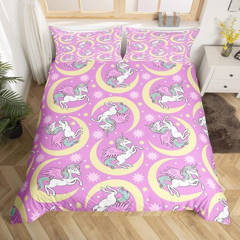 Parure de lit avec housse de couette 135 x 200 cm et 1 taie d'oreiller Motif licorne Motif cheval de rêve Décoration de chambre à coucher Motif lune et licorne Violet (1/5)