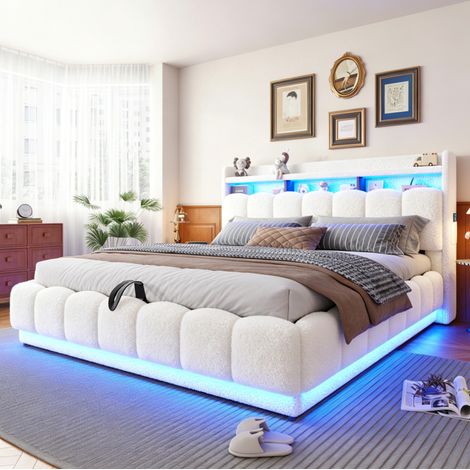 Cama tapizada 180/200 cm blanca con arcón, LED, USB y enchufe, tapizado bouclé (1/5)