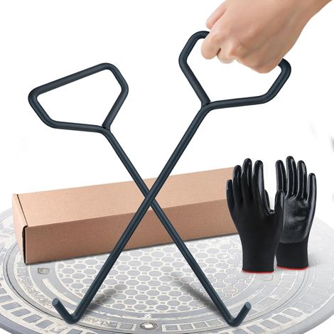 Lot de 2 lève-couvercle d'égout de 60 cm, crochet en acier au carbone noir, crochets pour crochets d'égout et de drainage, lève-couvercle de regard livré avec une paire de gants (60 cm) (1/5)