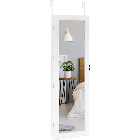 COSTWAY Armadio portagioielli a LED con chiusura, fissare al muro o appendere alla porta, organizer trucchi e gioielli, specchio a figura intera, Bianca (1/5)