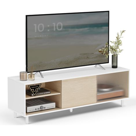 VASAGLE Mobile TV per Televisore fino a 32/45/50/55/60 Pollici, Montaggio Rapido Senza Attrezzi Toolless, per Soggiorno, Vetro Scanalato, Moderno, 140 x 39 x 45 cm, Bianco LTV466W01 (1/5)