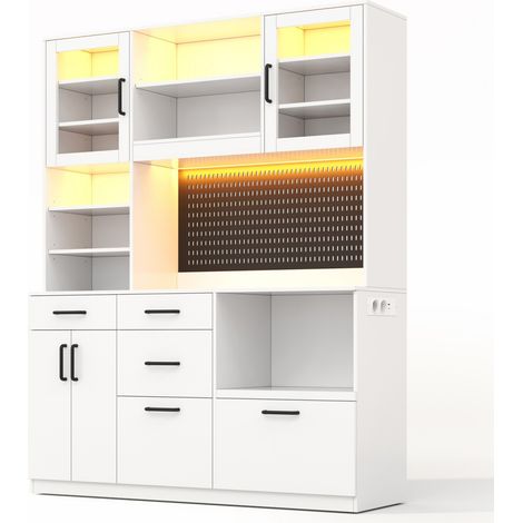 Credenza da cucina bianca in MDF con piano di lavoro, 5 cassetti, LED e prese (1/5)