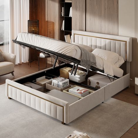 JOOKGBD–Letto a Contenitore 180x200 cm,Letto Matrimoniale Imbottito,Contenitore Idraulico,Testiera,Rete a Doghe,Tessuto Velluto con Bordatura Oro,Verticale,Beige (1/5)
