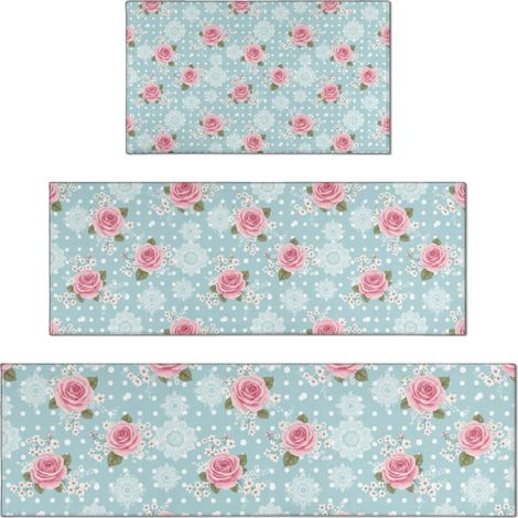 Ensemble de 3 tapis de cuisine Pioneer Flower à motifs floraux (43 x 76 cm + 43 x 119 cm + 43 x 150 cm), antidérapants, lavables et décoratifs, pour la cuisine, l'évier et la buanderie.