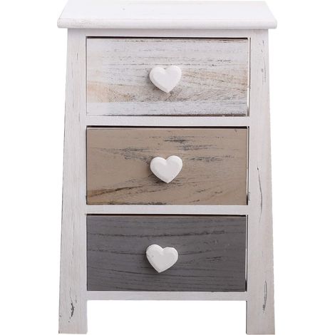 Mobili Rebecca – Table de chevet 3 tiroirs en bois blanc, gris et beige – Dimensions 57x37x27 cm – Style shabby chic pour rangement élégant (1/5)
