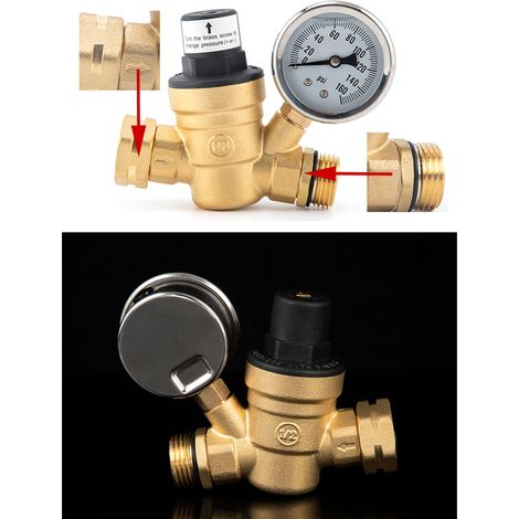 Régulateur de pression d'eau en laiton sans plomb, réducteur réglable avec jauge 0-160 psi et filtre d'entrée pour remorque de voyage RV (1/5)