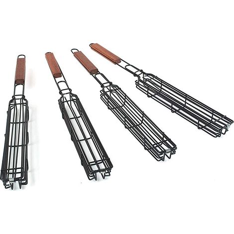 Set da barbecue composto da 4 pezzi: cestello antiaderente per spiedini, griglia per kebab e cestello per grigliare pesce e verdure, con manico in legno resistente al calore. (1/5)