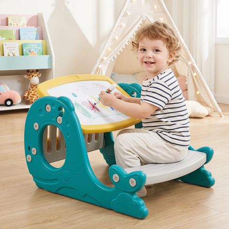 Table d'activités jaune pour enfant avec banc et chevalet, tableau blanc inclinable pour chambre et crèche (1/5)