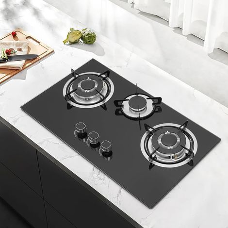 Réchaud à gaz encastrable en verre avec 3 brûleurs - Pour plaques de cuisson LPG/NG - Avec support de casserole, cadre émaillé et tête de four en aluminium - Noir (1/5)
