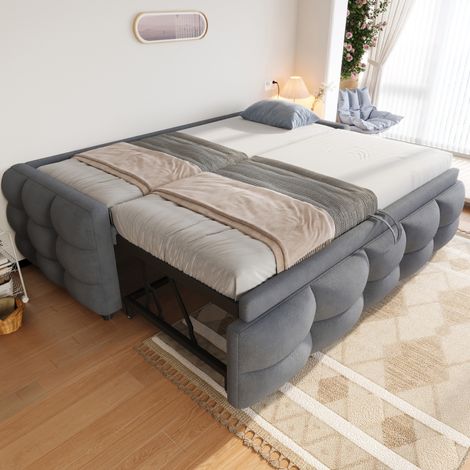 Sofá cama extensible 90/180x190 cm con somier, gris, tejido de felpa, sin colchón FloraGrace (1/5)
