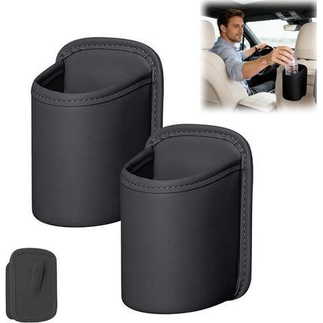 Lot de 2 porte-gobelets de voiture, porte-gobelets pour siège arrière, en similicuir, à clipser, 16 cm, noir, pour ranger téléphones portables, clés, pièces de monnaie et boissons (1/5)