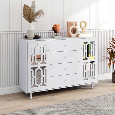 Credenza bianca a specchio con eleganti maniglie in cristallo, ideale per soggiorno e sala da pranzo, 147,5 x 40 x 102 cm.