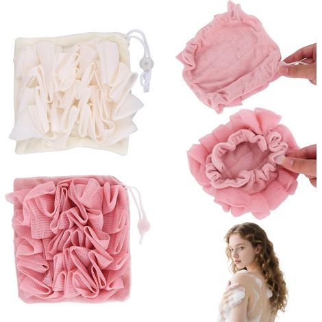 2pcs Gant de toilette, Maillage PE, Tissu éponge, Cordon réglable, Pour savon solide, Douche et exfoliation (1/5)