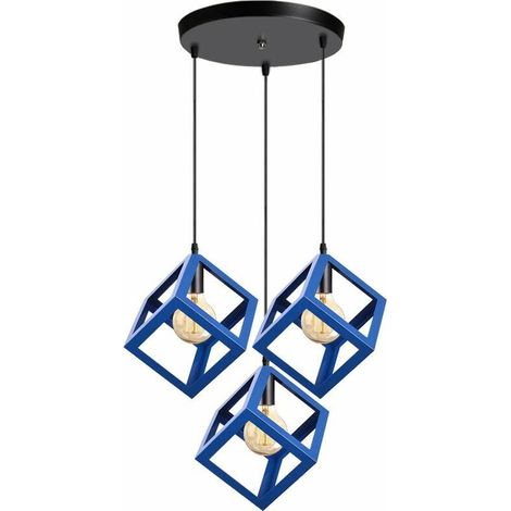 3 Lumières Lustre Suspension Vintage Style Geometrique Lampe de Suspension Luminaire en Forme de Cube Métal Plafonnier pour Chambre à Coucher, Salon, Salle à Manger, Cuisine - 16 CM, Bleu BLOW (1/4)