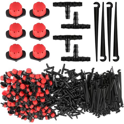 300-teiliges Gartenbewässerungssystem-Set, automatischer Bewässerungs-Tropfsprinkler, DIY-Tropfbewässerungssystem (100 einstellbare Mikro-Tropftropfer + 100T-Anschluss + 100 Gartenschlauch-Bodenanker) (1/5)