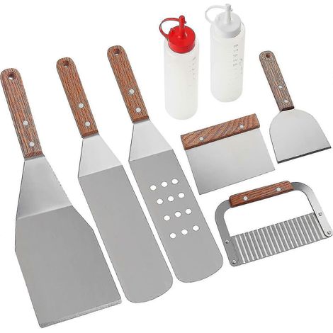 Ensemble de 8 accessoires pour barbecue - Spatules professionnelles robustes en acier inoxydable - Idéales pour le teppanyaki, les grillades et les plaques de cuisson (1/5)