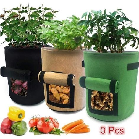 3Pcs 10Gallon Sac de Culture de Pommes de Terre Croissance, Sacs à Plantes pour Pomme Vegetale Tissu Durable avec Rabat et Poignée (1/4)