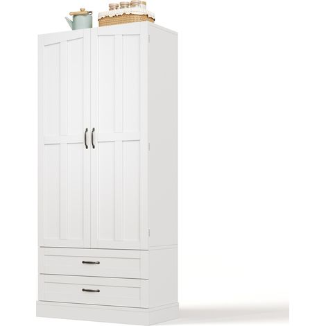 CHICFURN Mueble despensa alto de cocina con 3 baldas extraíbles, 2 cajones, puertas con estantes y sistema antivuelco, 80 x 37,5 x 180 cm, blanco (1/5)