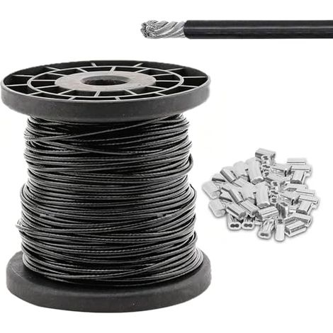 Câble métallique en acier inoxydable 100 m, 4 mm avec revêtement en PVC noir et 100 manchons à sertir en aluminium, tresse 7 x 7, câble en acier inoxydable pour corde à linge, balustrade, clôture et (1/5)
